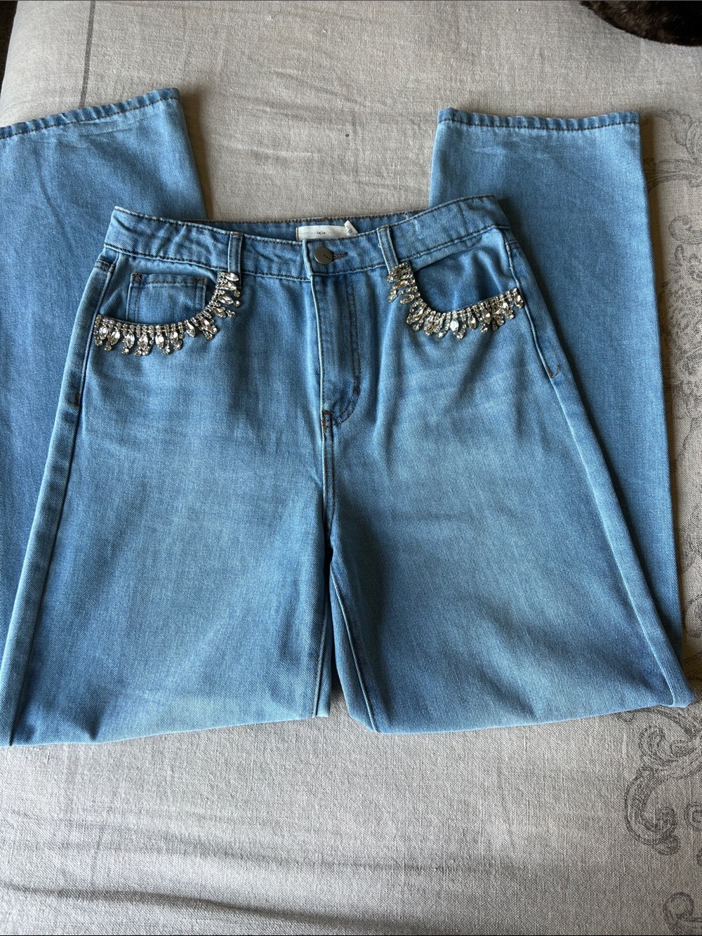 Diamond Embellished Light Blue Women's straight leg jeans